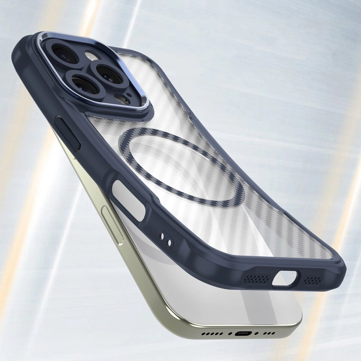 Custodia per telefono su sfondo bianco, trasparente con bordi blu scuro. A mezz'aria.