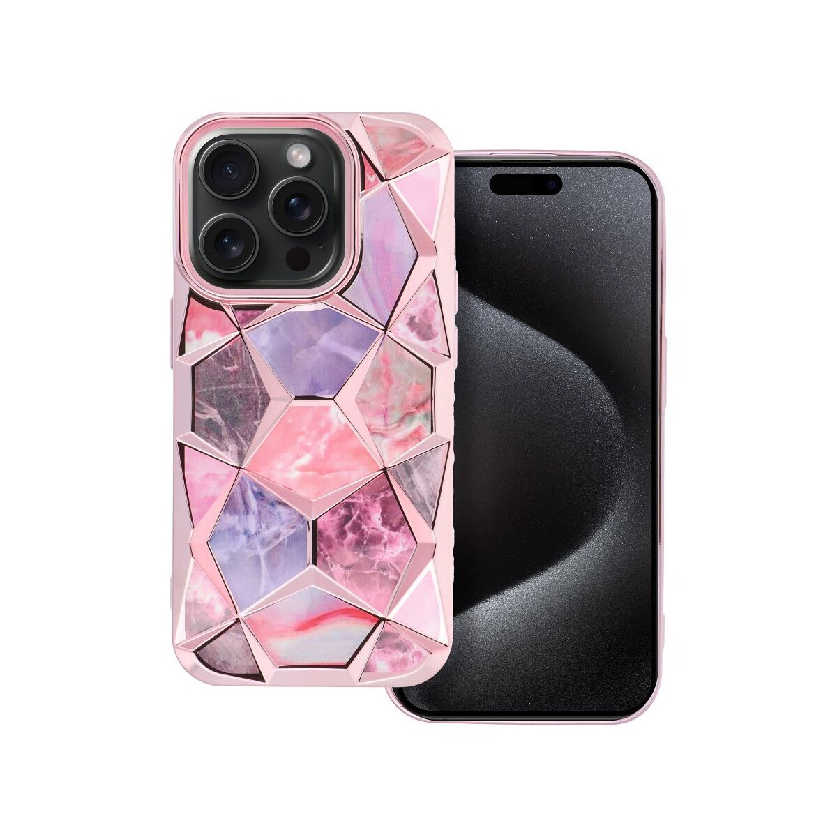 Custodia per telefono rosa con motivo marmorizzato. C'è un telefono nero dentro. Sfondo bianco.