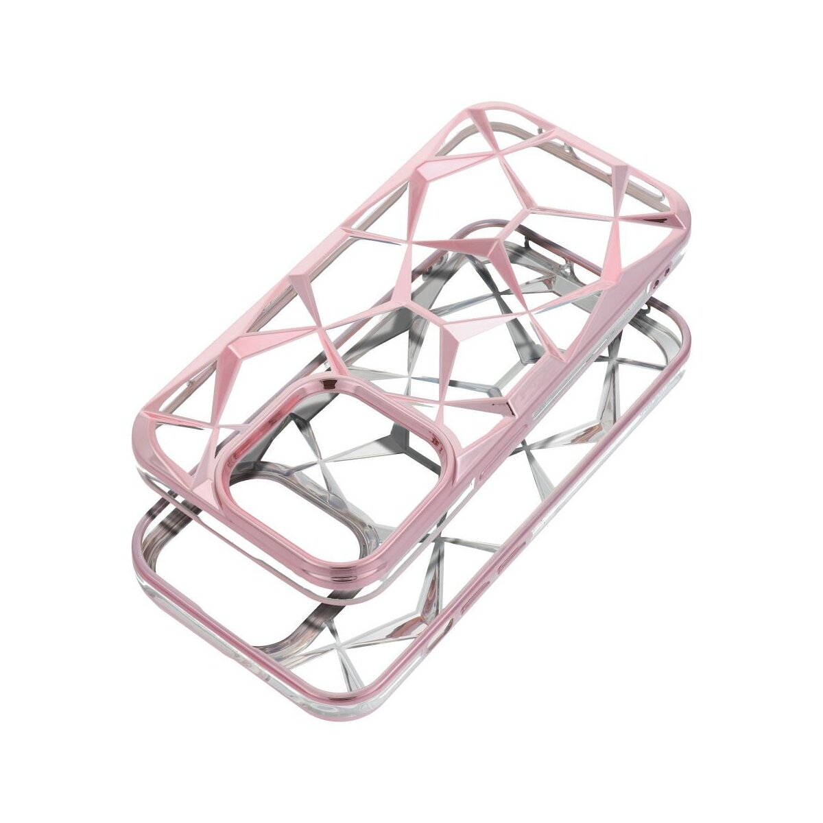 Due custodie rosa per telefono, una dentro l'altra. Sono fatte di plastica rosa con forme geometriche.