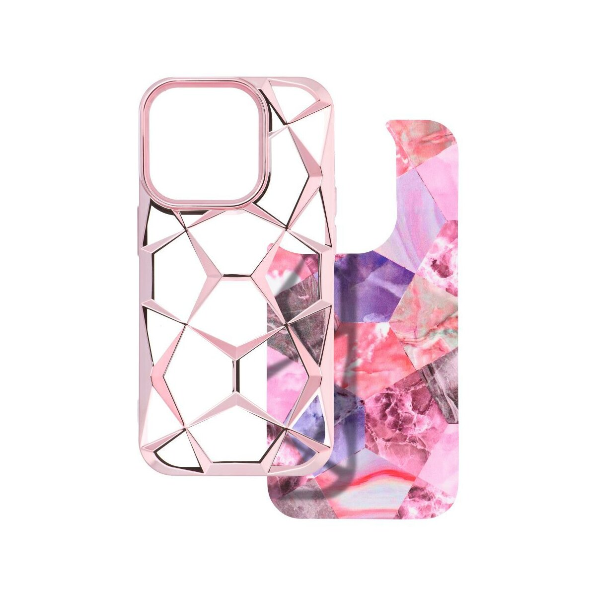 Custodia per telefono oro rosa con design geometrico e sfondo astratto rosa e viola.