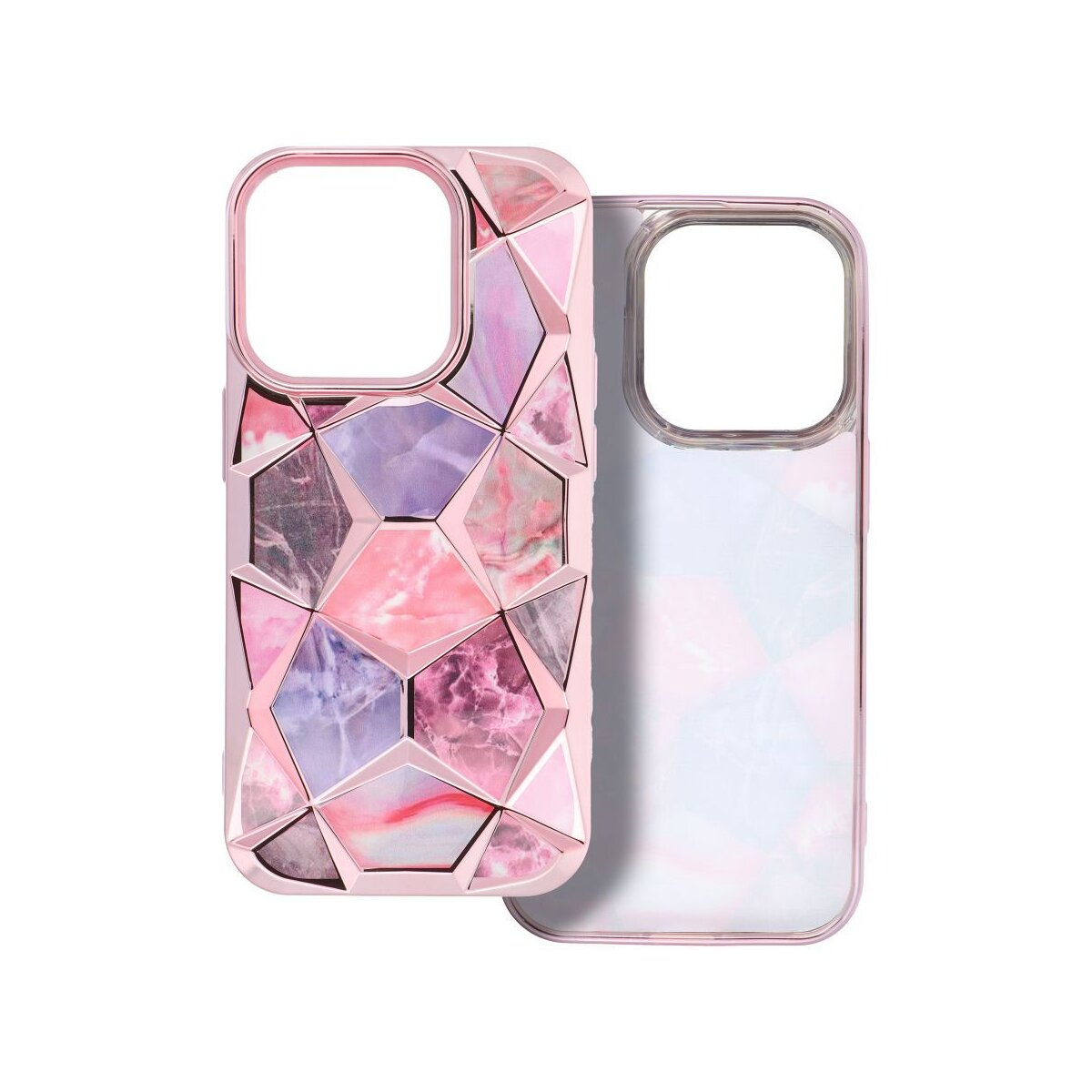 Custodia rosa per telefono con un colorato design geometrico.