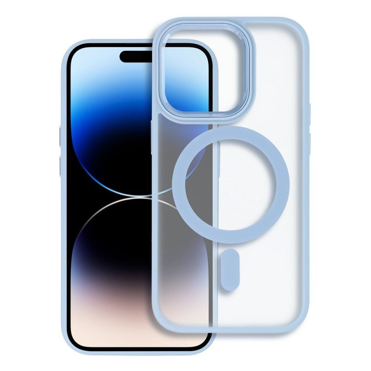 Custodia blu per telefono con retro trasparente e un telefono. La custodia ha un anello magnetico circolare.