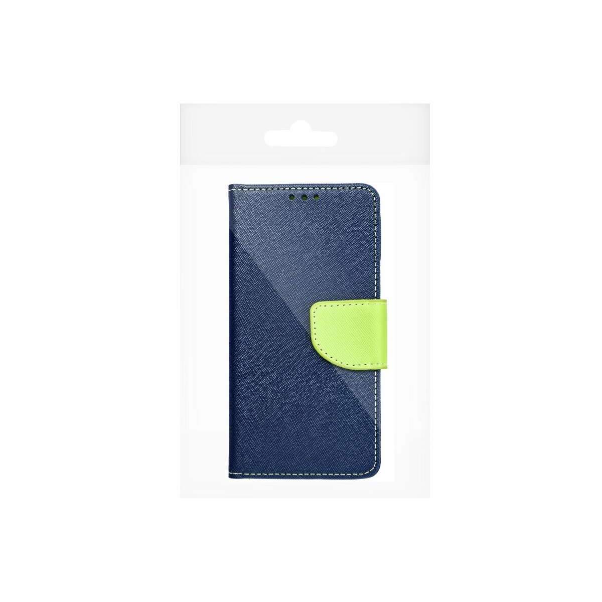 Blaue Handyhülle in Verpackung mit grünem Klappverschluss. Die Hülle ist in einer Plastiktüte.
