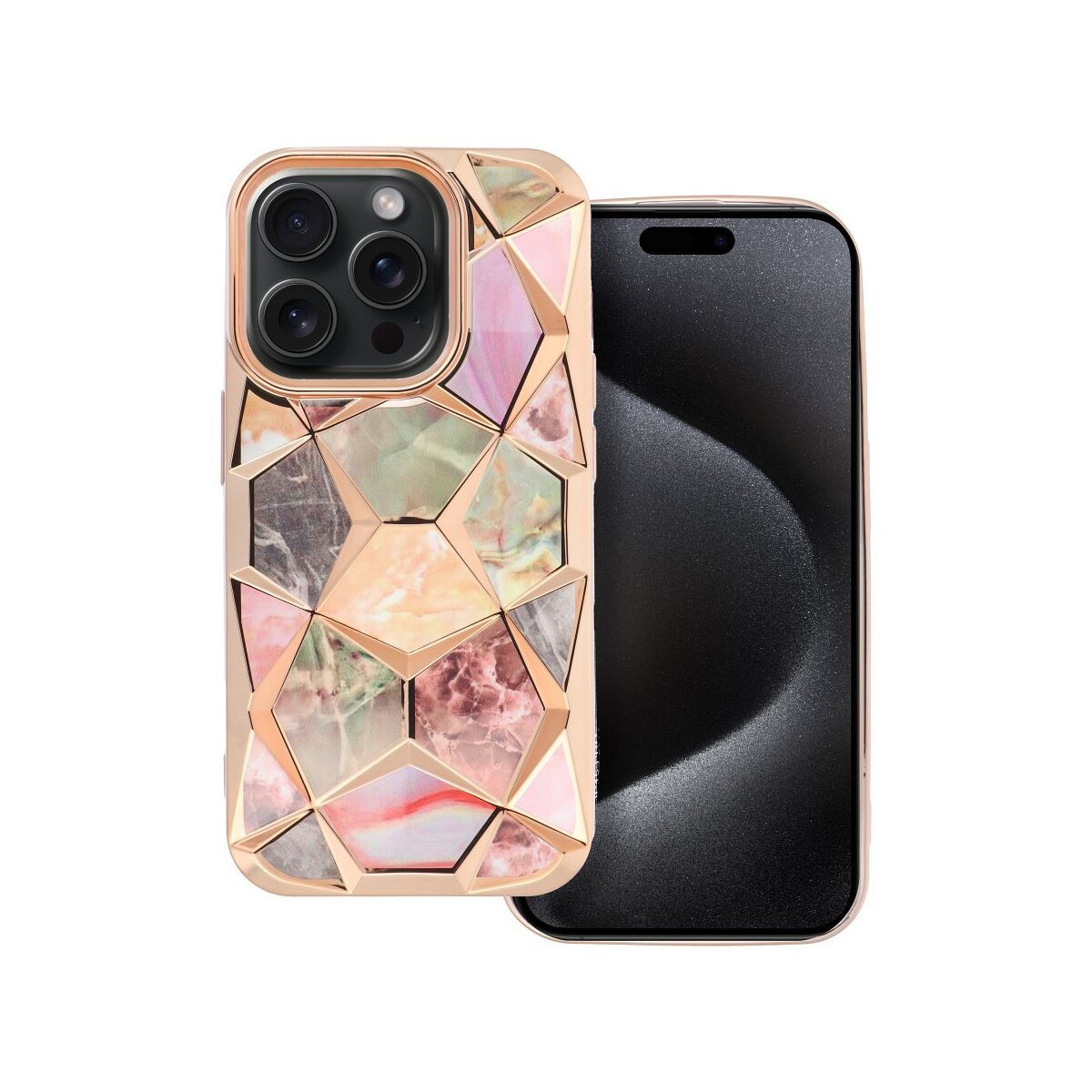 Custodia per telefono con un design geometrico colorato e un telefono. Il telefono ha uno schermo nero. Sfondo bianco.