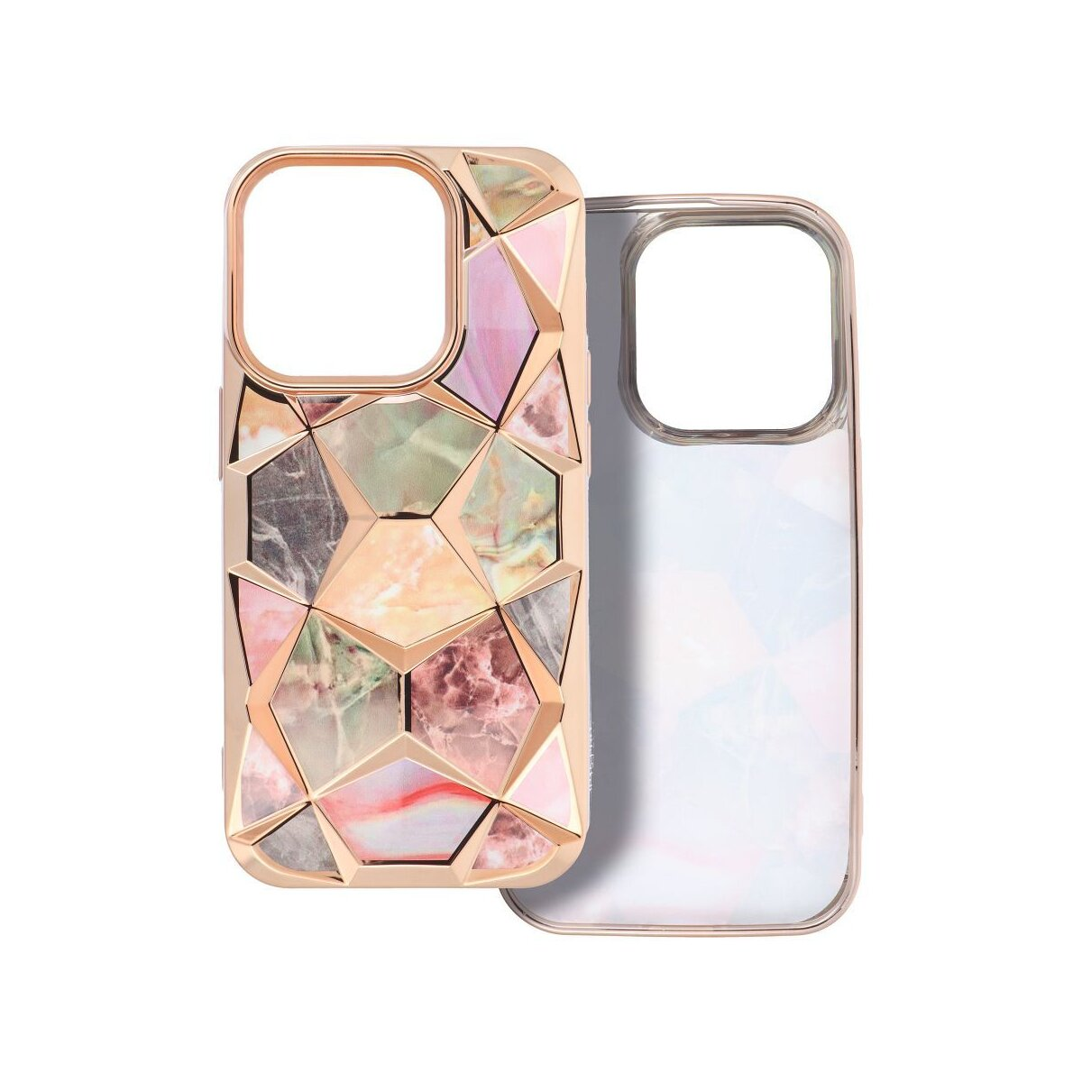 Due custodie per telefono, una con un motivo geometrico colorato e l'altra trasparente.