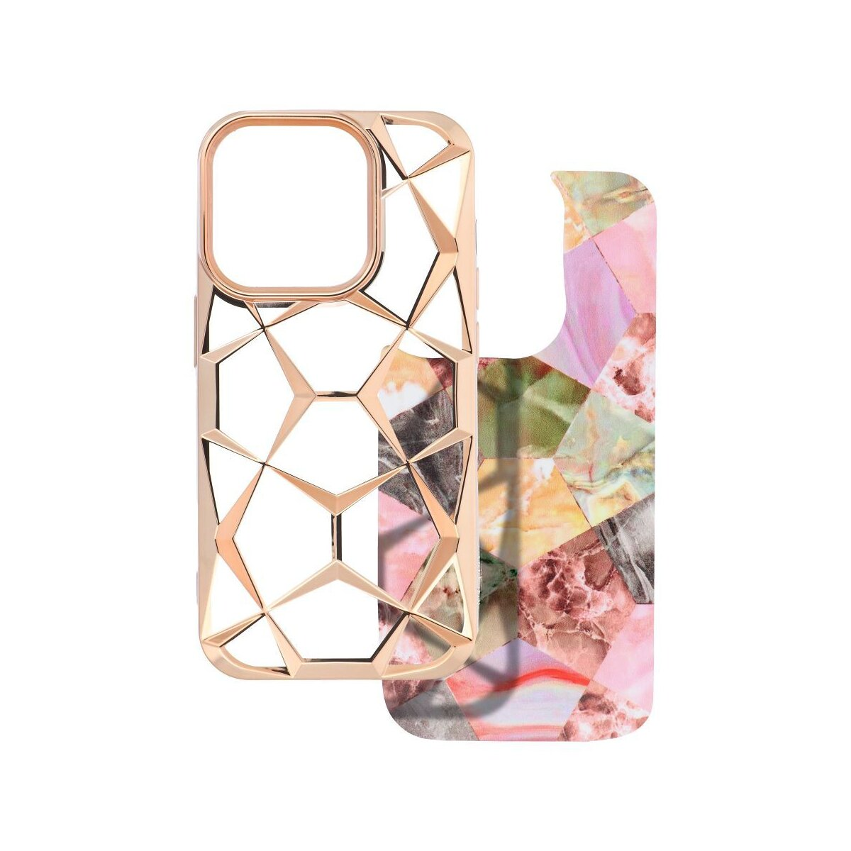 Custodia per telefono oro rosa con design geometrico e inserto separato con motivo colorato.