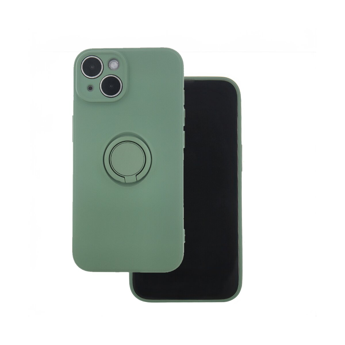 Una custodia per cellulare. Verde con tre fotocamere. Un anello sul retro. Un altro telefono dietro, schermo nero.