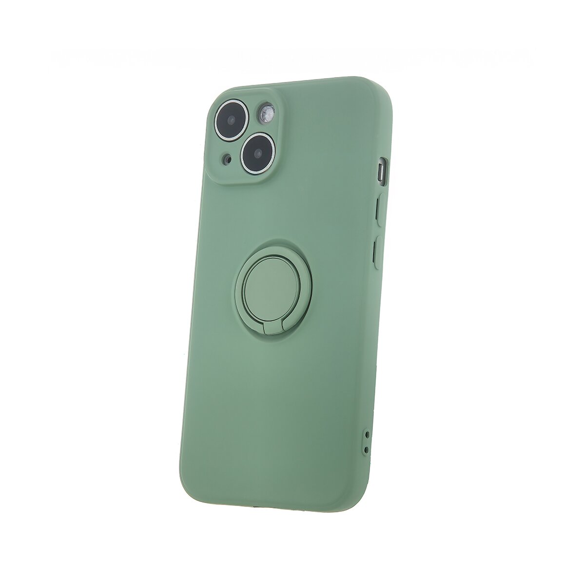Custodia verde per telefono con ritagli per fotocamera e supporto ad anello su sfondo bianco.