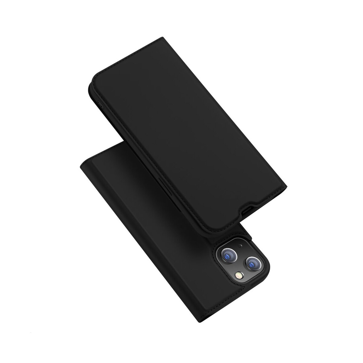 Custodia nera per telefono, aperta, rivela iPhone con fotocamere. Sfondo bianco.