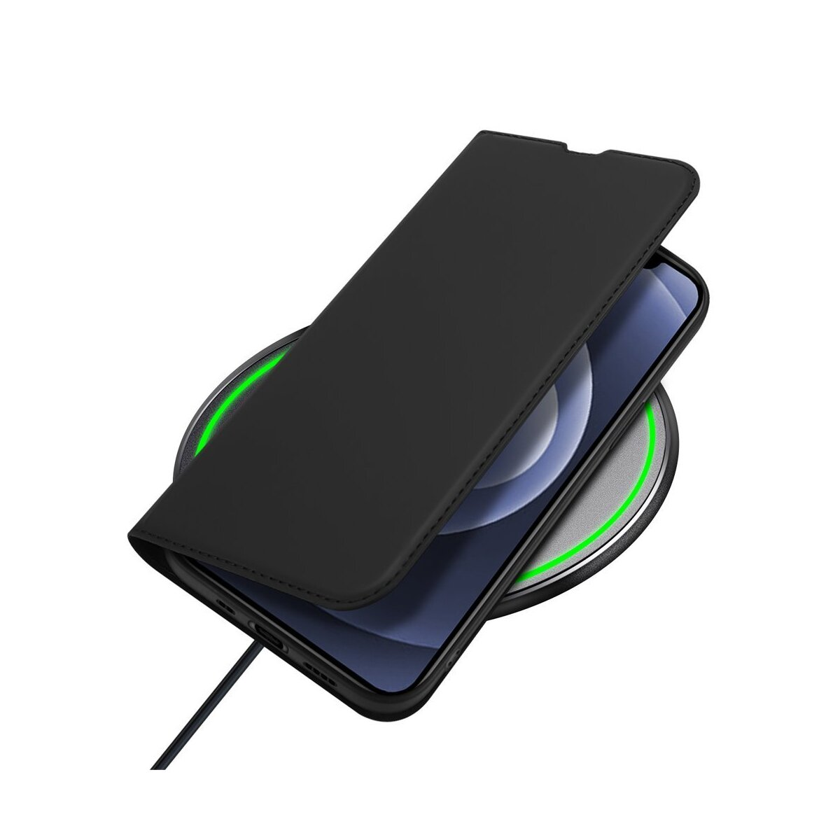 Telefono nero su caricatore wireless, con custodia.