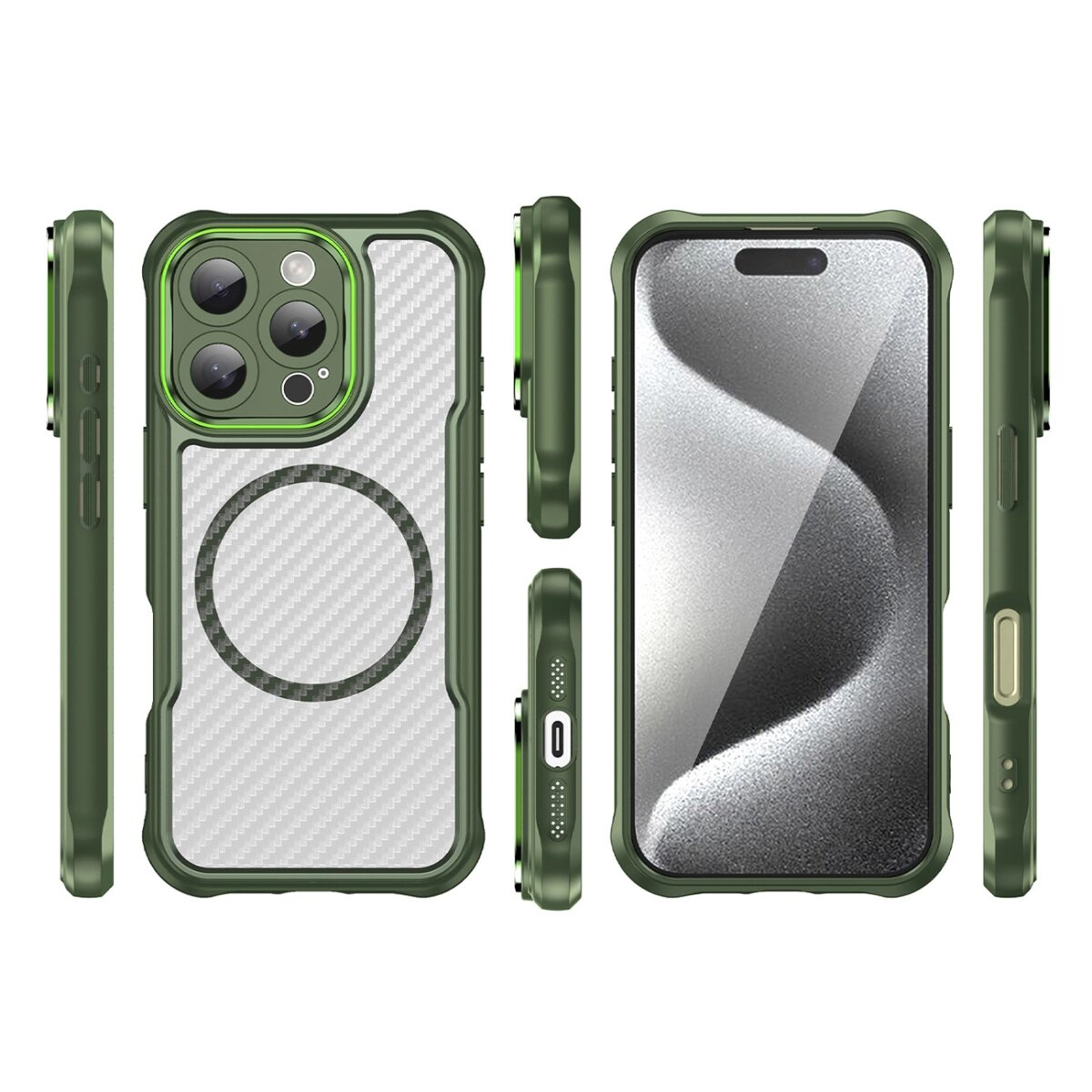 Una custodia per telefono con cornice verde e retro trasparente, che mostra diverse viste.