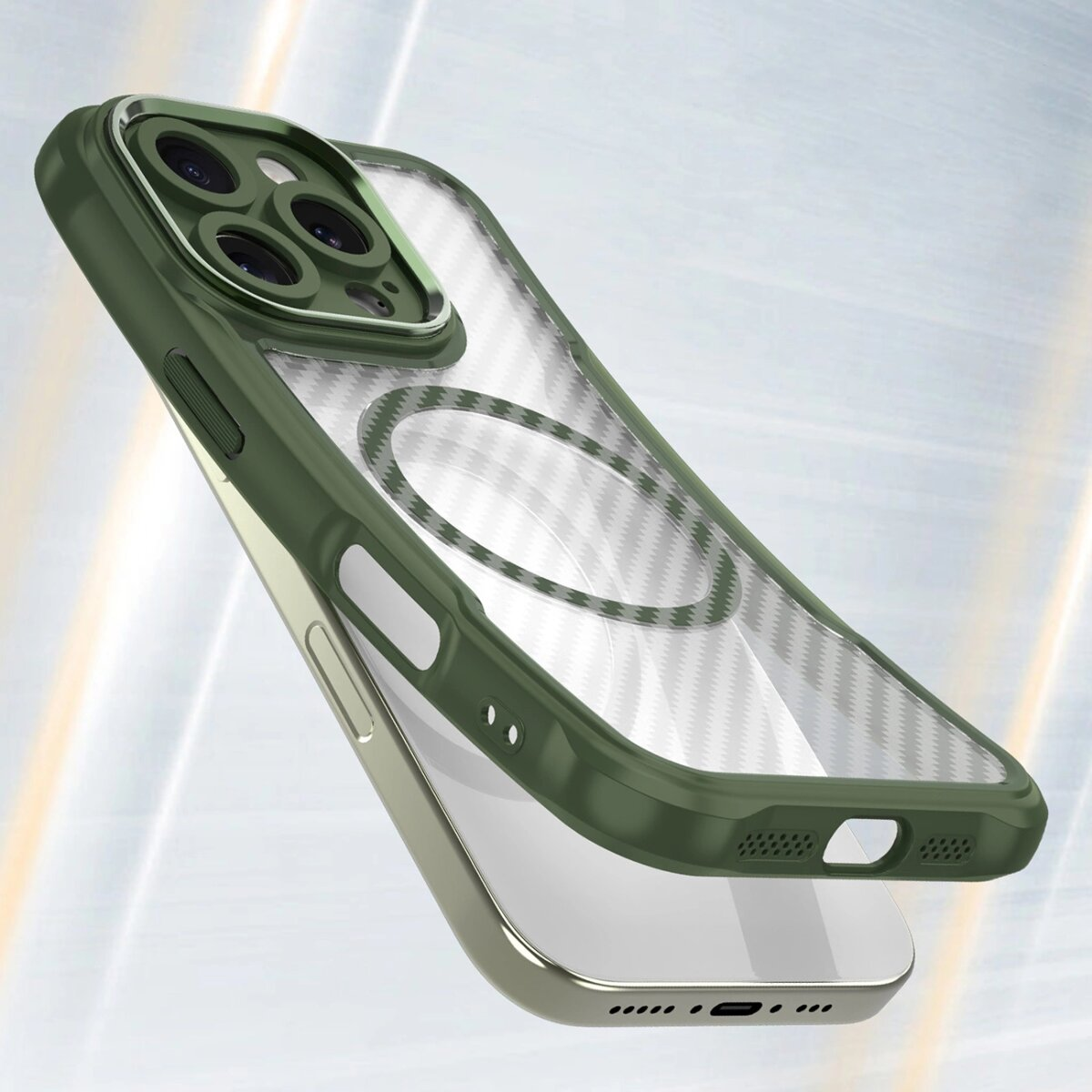Custodia verde con retro trasparente e un iPhone metallico. La custodia è angolata.