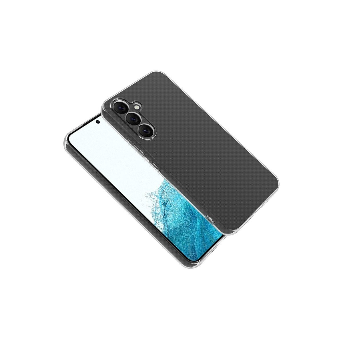 Telefon in transparentem Gehäuse. Das Telefon ist schwarz, das Gehäuse ist klar. Das Telefon ist auf weißem Hintergrund.