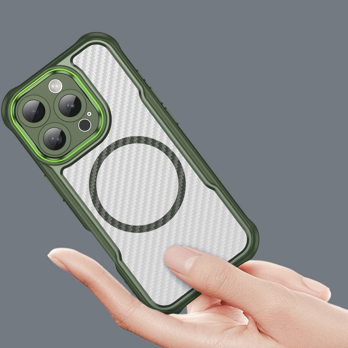 Una custodia per telefono verde con fotocamera e anello magnetico sul retro.