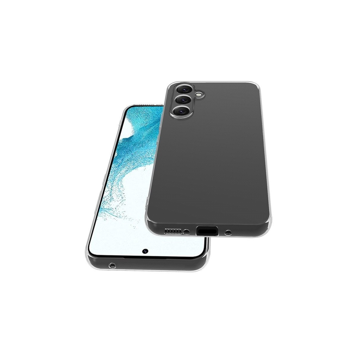 Zwei Telefone in Hüllen. Das obere Telefon hat drei Kameralinsen. Weißer Hintergrund.