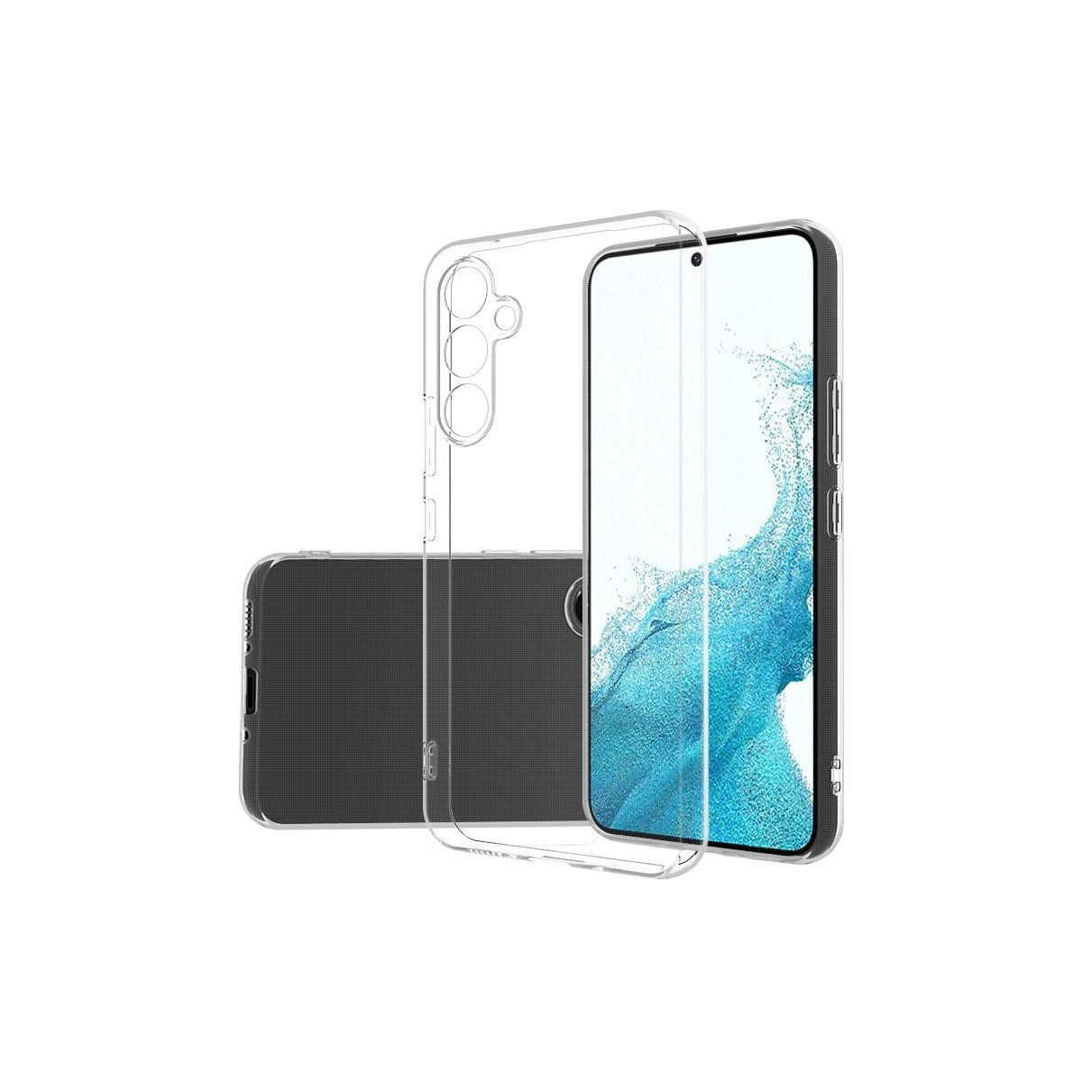 Transparente Handyhülle über einem Handy. Das Handy hat einen Bildschirm mit einem Bild.
