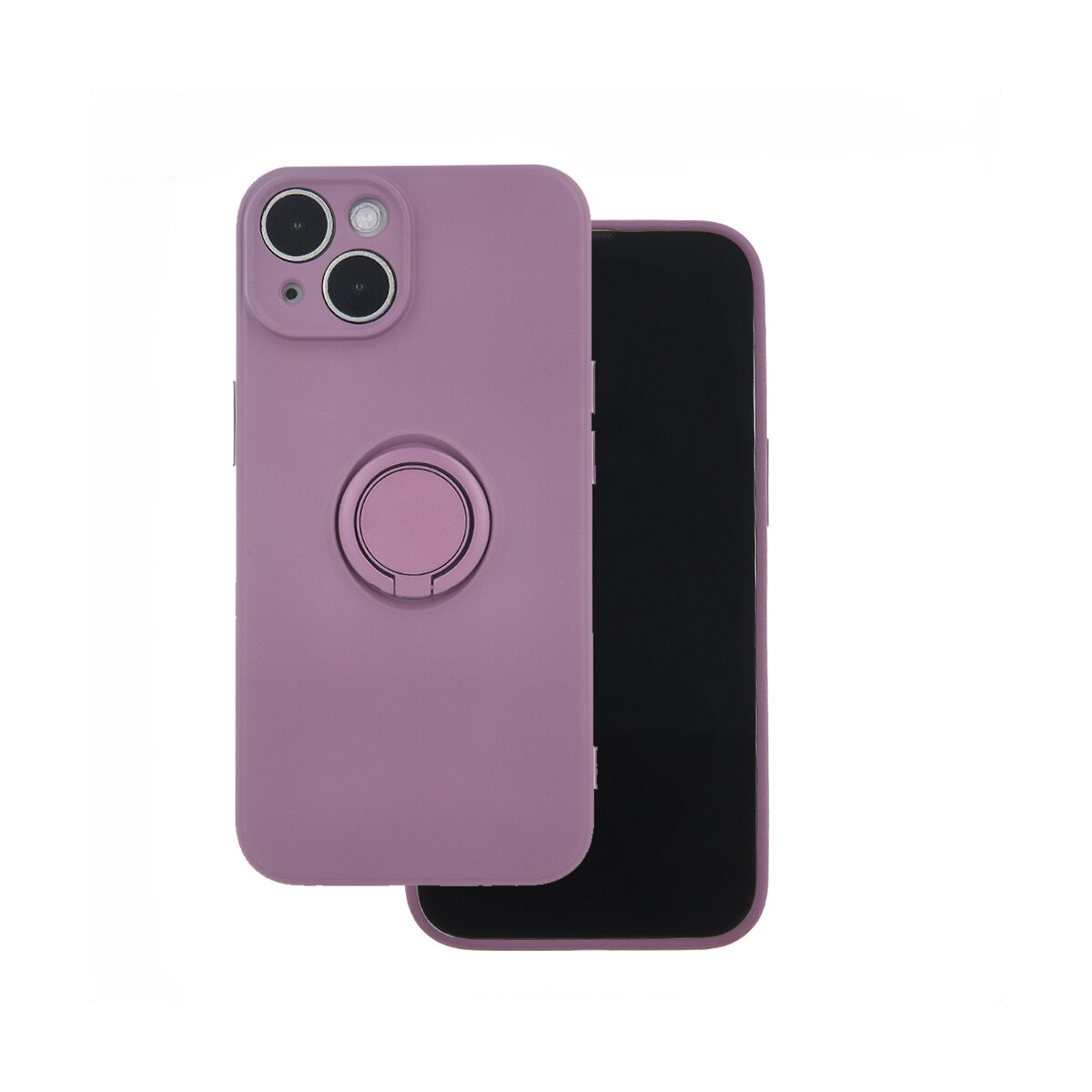 Custodia per telefono viola con anello e telefono. Lo sfondo è bianco.