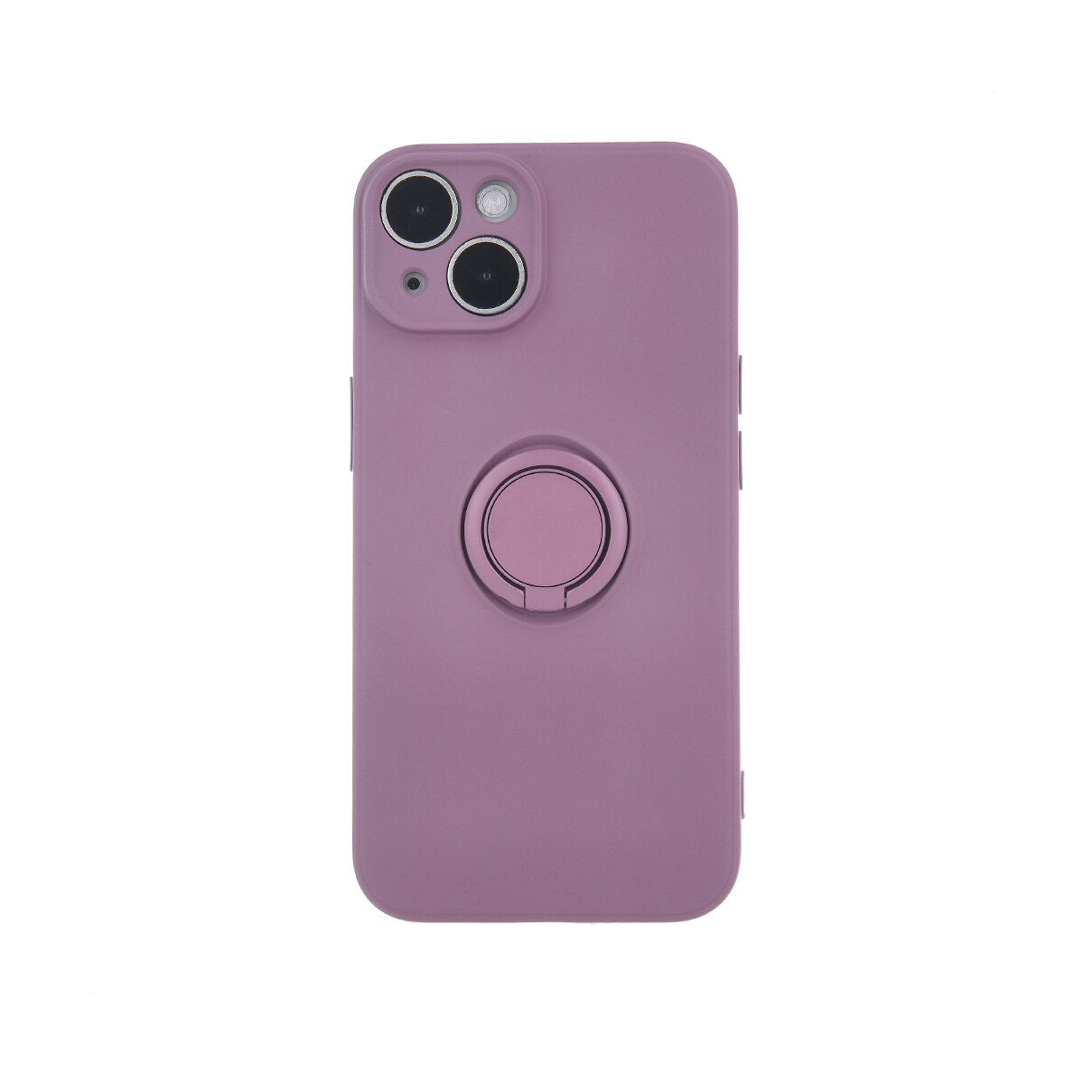 Custodia viola per telefono con anello sul retro, su sfondo bianco. Due obiettivi della fotocamera.