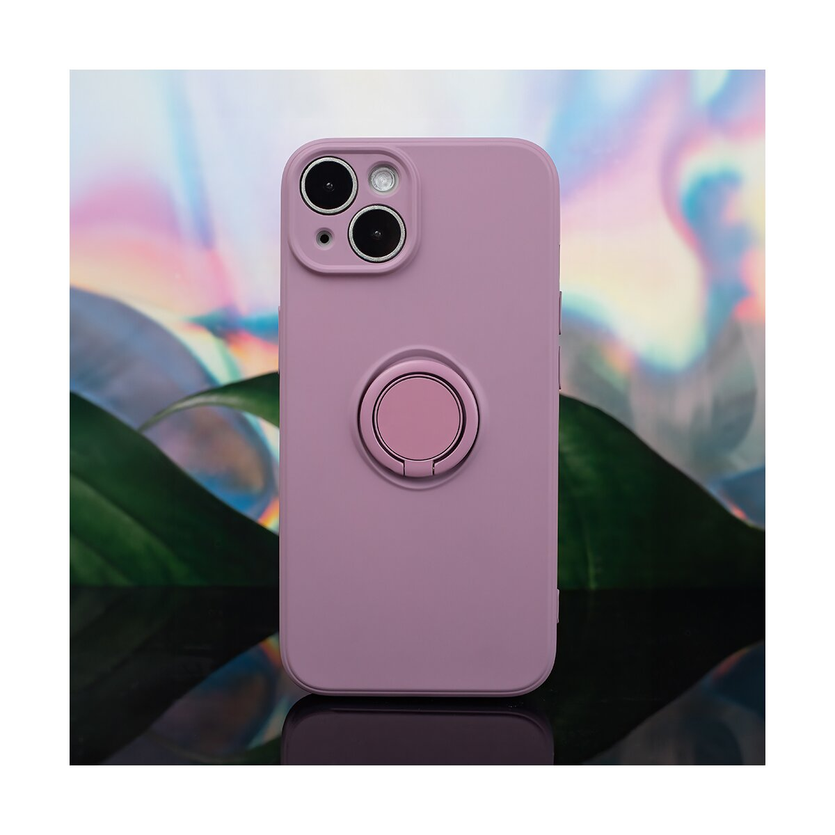 Una custodia per telefono rosa con un supporto ad anello sul retro.