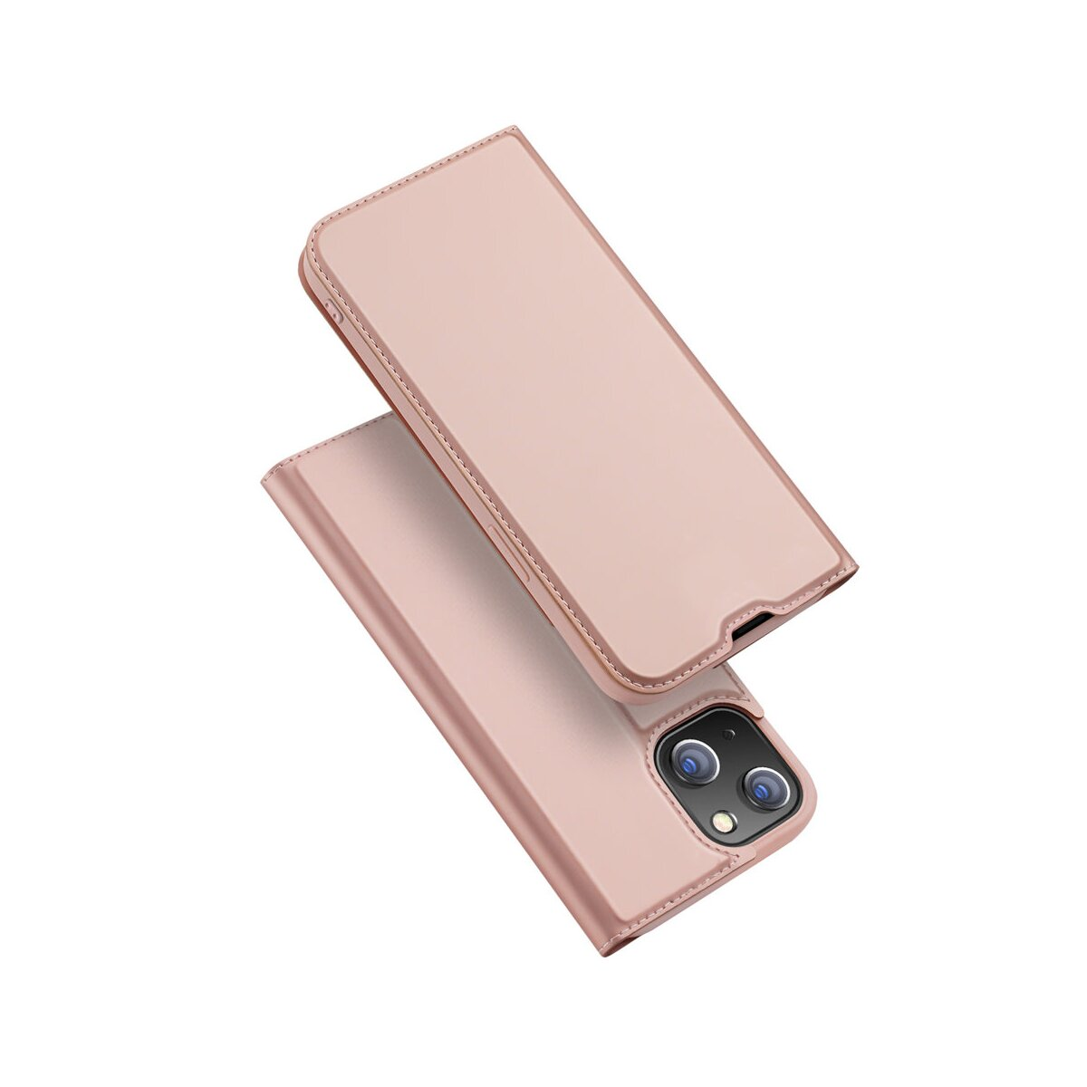 Una custodia rosa per telefono, aperta, con un telefono dentro. La custodia ha un design elegante.