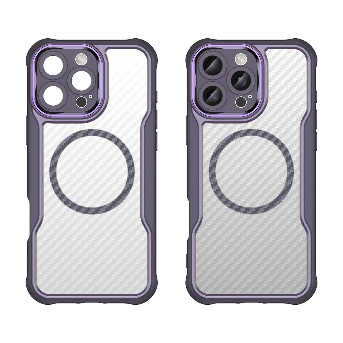 Due custodie per telefono. Sono viola con retro trasparente, che mostra un motivo in fibra di carbonio. È presente una caratteristica circolare.