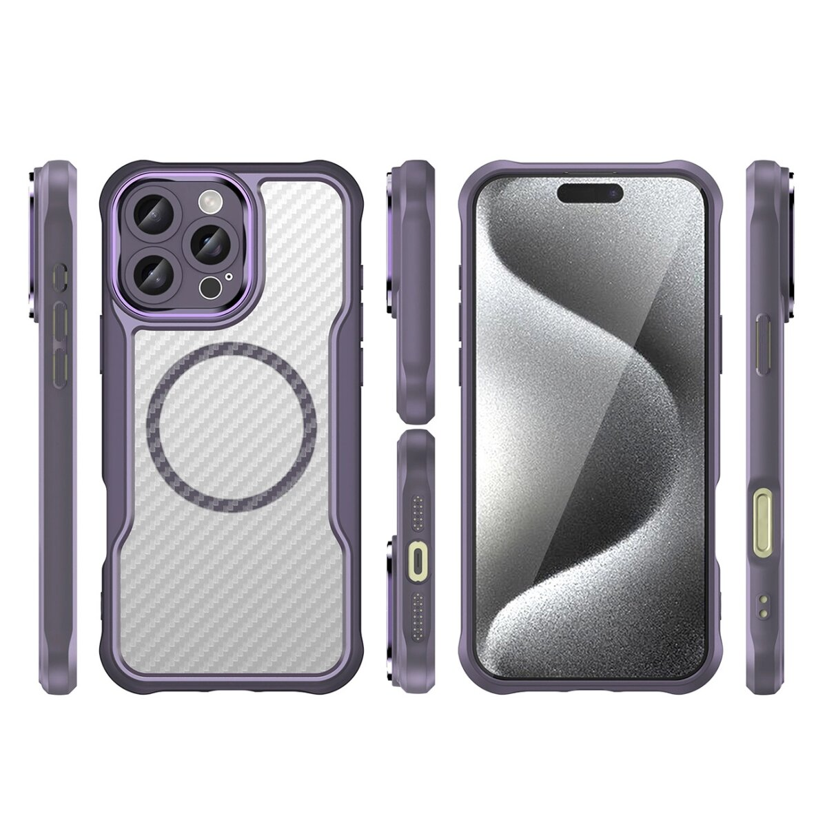 Custodia per telefono viola con ritagli per fotocamera, viste diverse.
