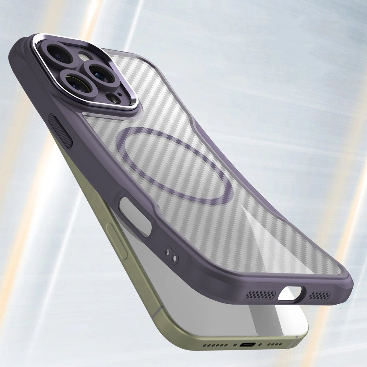 Una custodia per telefono con retro trasparente, cornice viola e un cerchio magsafe, angolato su uno sfondo chiaro.