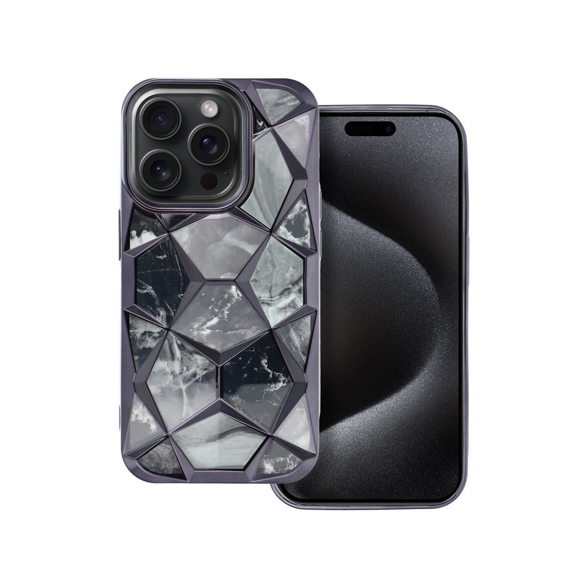 Un telefono in una custodia con motivi geometrici. È su sfondo bianco.