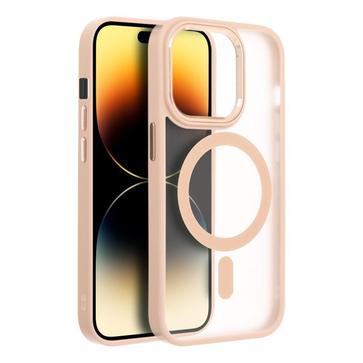 Un iPhone in una custodia rosa con retro trasparente, isolato su sfondo bianco.
