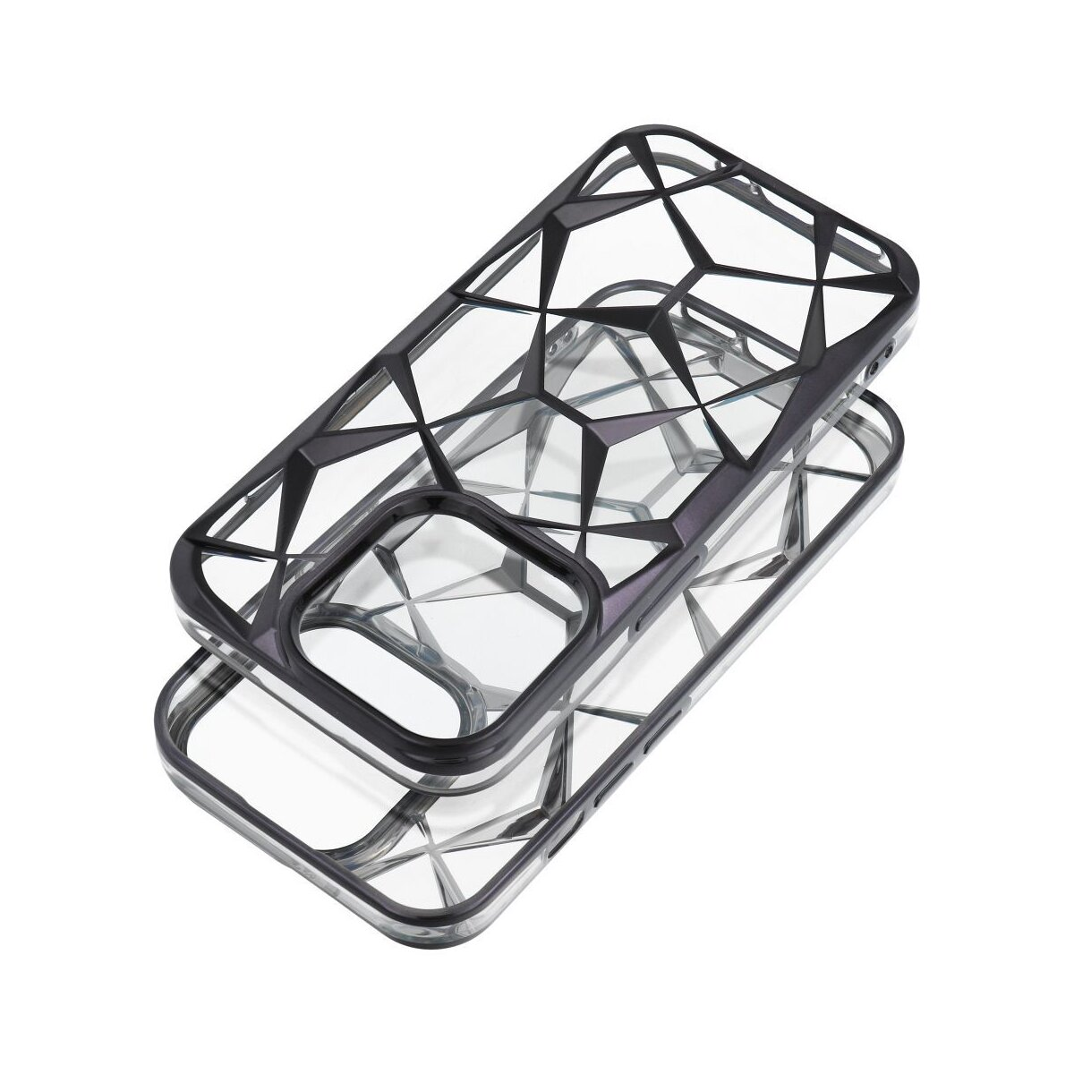 Due custodie trasparenti per telefono impilate. Le custodie hanno un design geometrico.