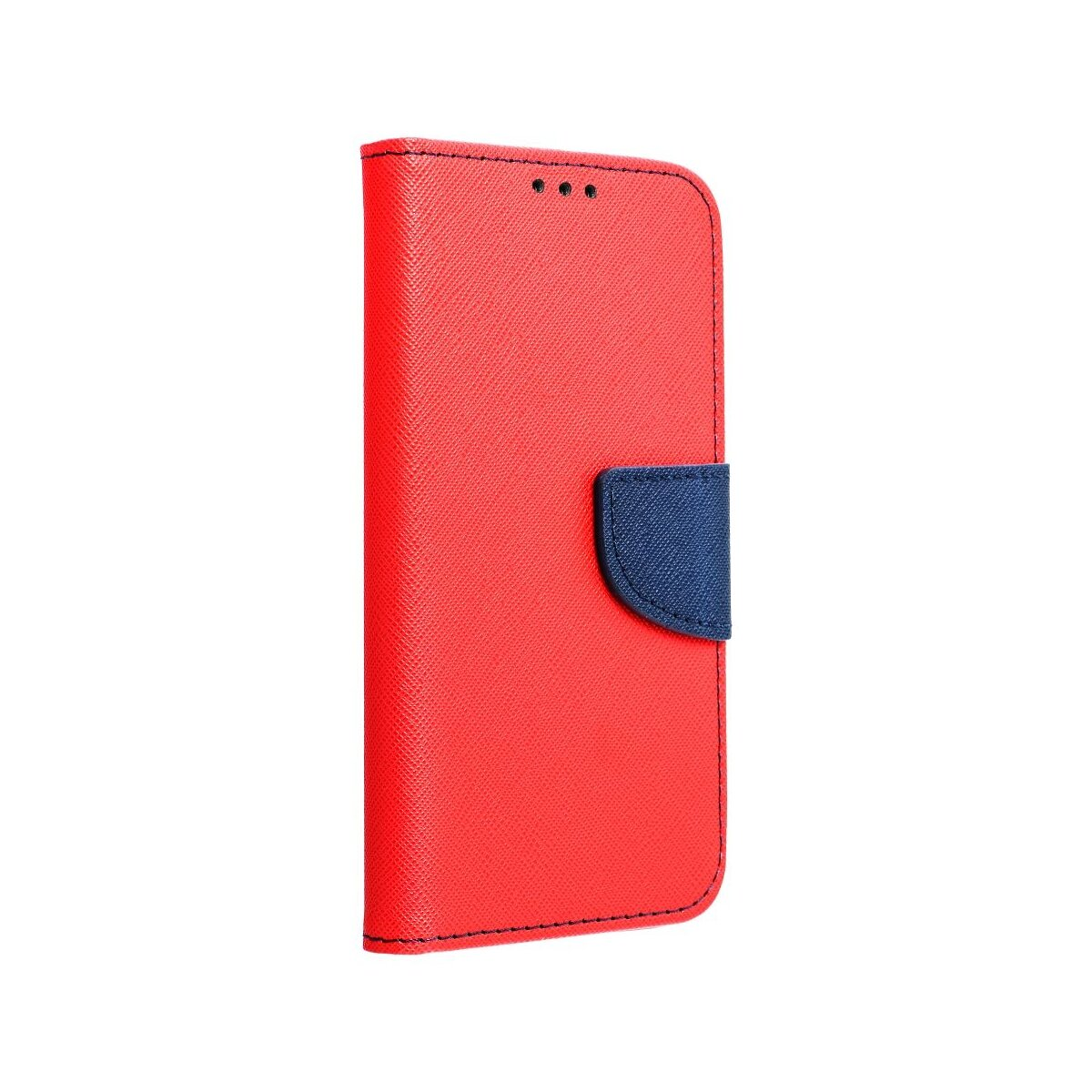 Custodia per telefono rossa con patta blu, chiusa. Tre punti in alto.