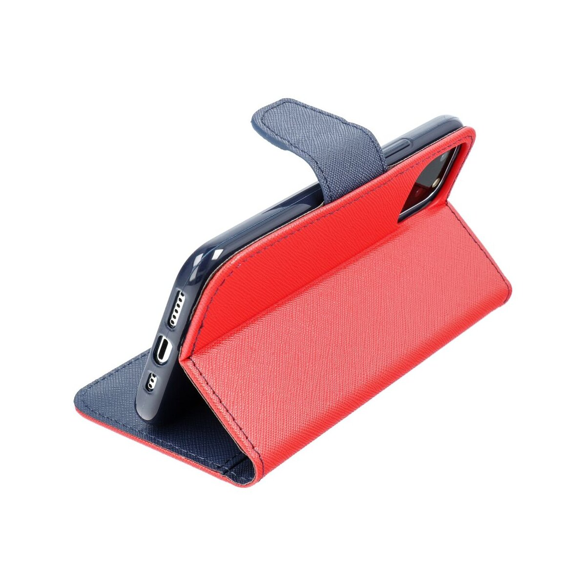 Custodia per telefono rossa e blu con un telefono all'interno. La custodia è aperta e in piedi.