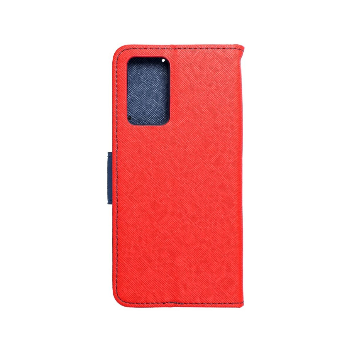 Una custodia rossa per telefono con una sezione blu per la fotocamera su sfondo bianco.