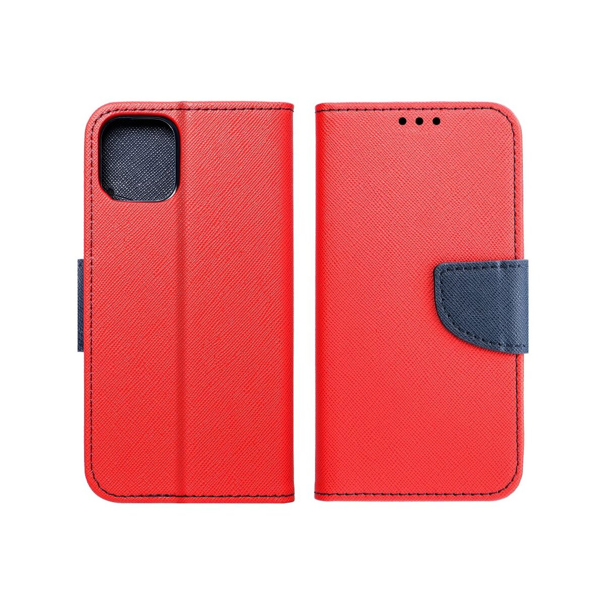 Custodia per telefono rossa, aperta per mostrare un interno nero e un lembo blu.
