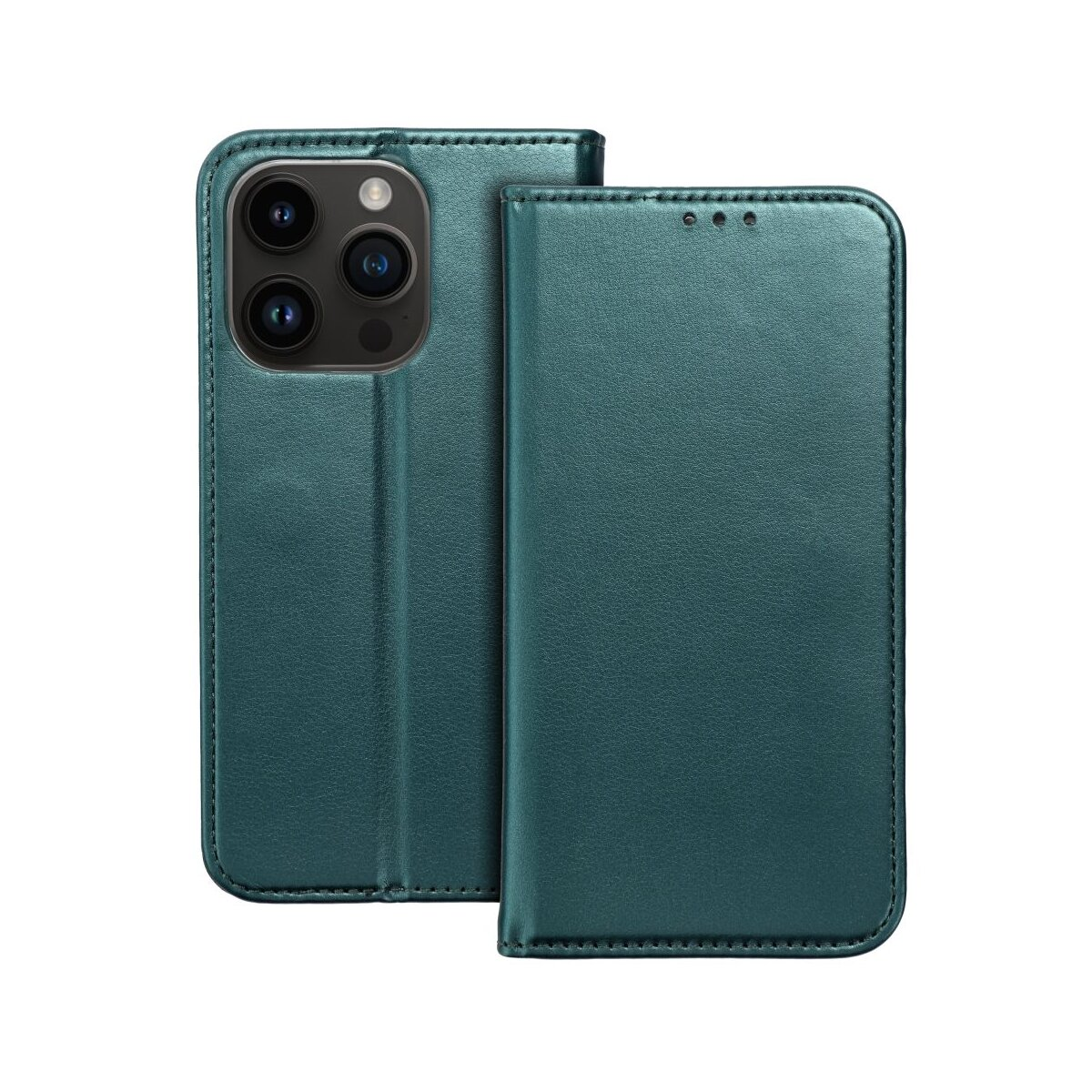 Custodia per telefono in pelle verde acqua in posizione aperta, con uno smartphone visibile all'interno, su sfondo bianco.