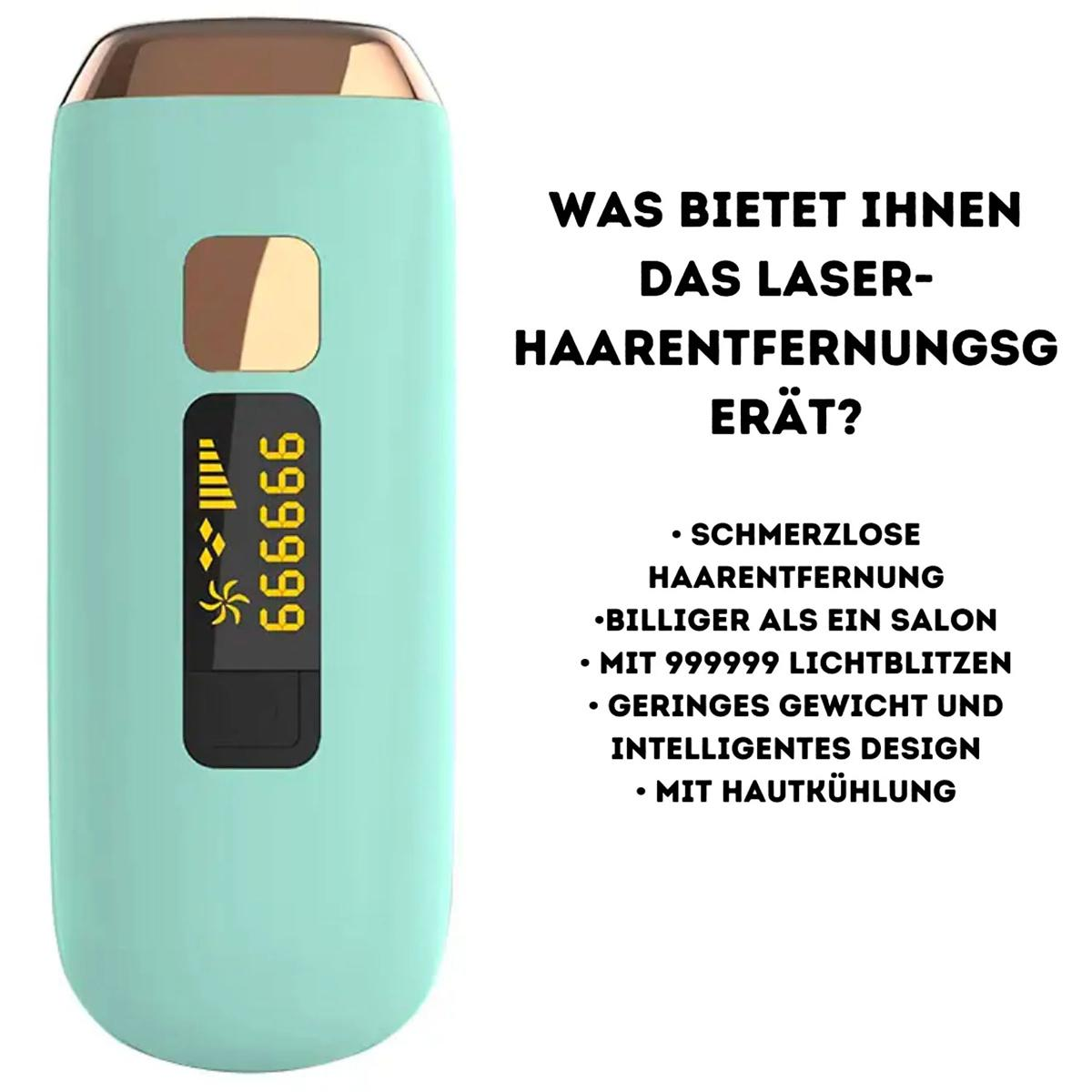 Ein türkisblaues Laser-Haarentfernungsgerät mit Text über Vorteile. Der Text ist auf Deutsch.