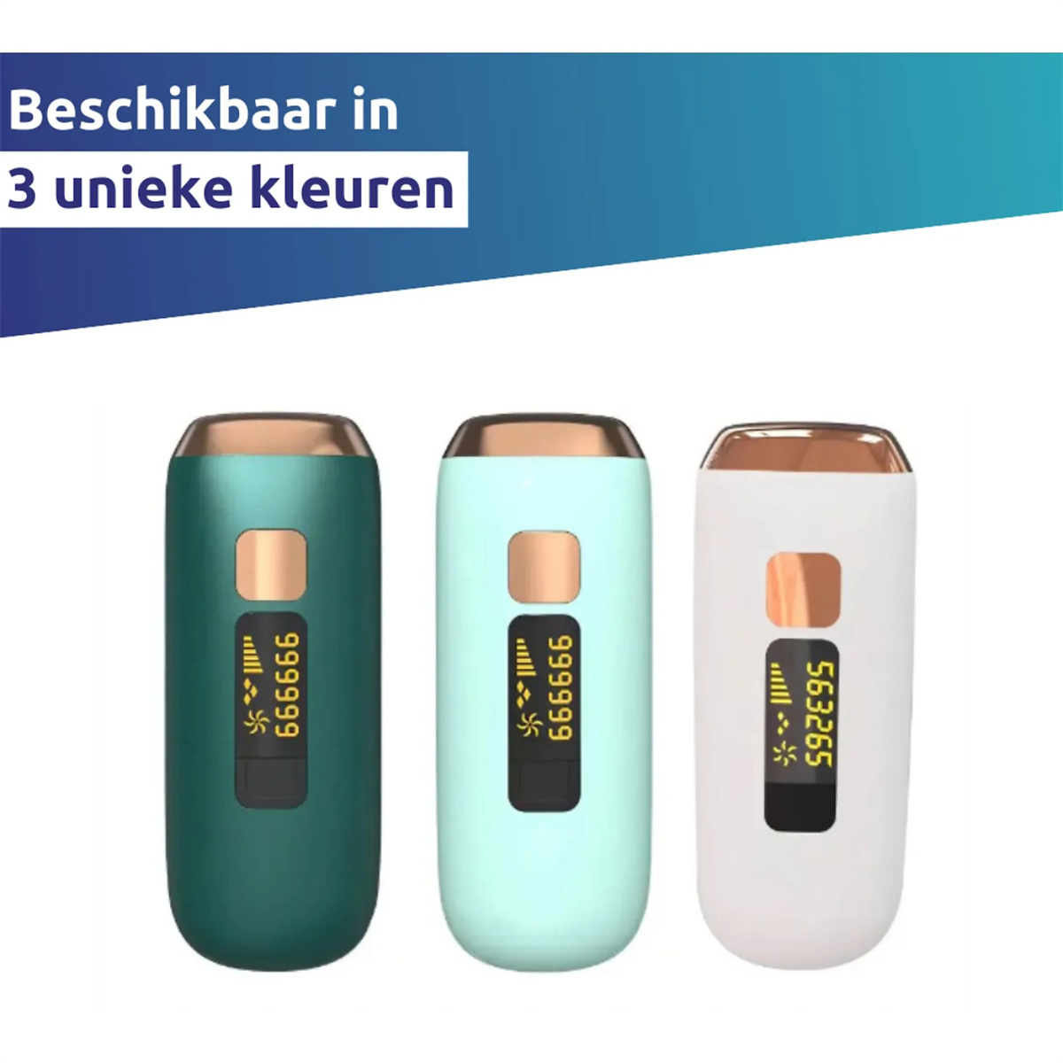 Drei Haarentfernungsgeräte in verschiedenen Farben. Weiß, Türkis und Grün mit goldenen Akzenten. Blauer Hintergrund.