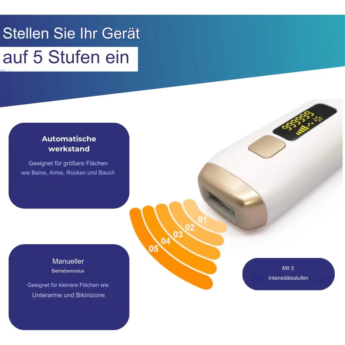 Ein Haarentfernungsgerät mit Einstellungen und Anzeigen auf weißem Hintergrund.