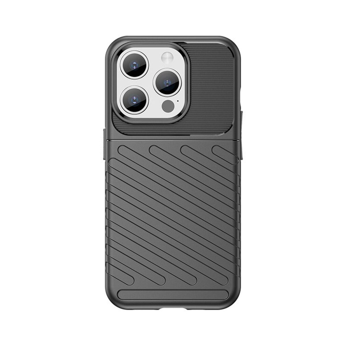 Custodia per telefono nera con copertura della fotocamera. Ha un retro a fantasia e un ritaglio per la fotocamera.