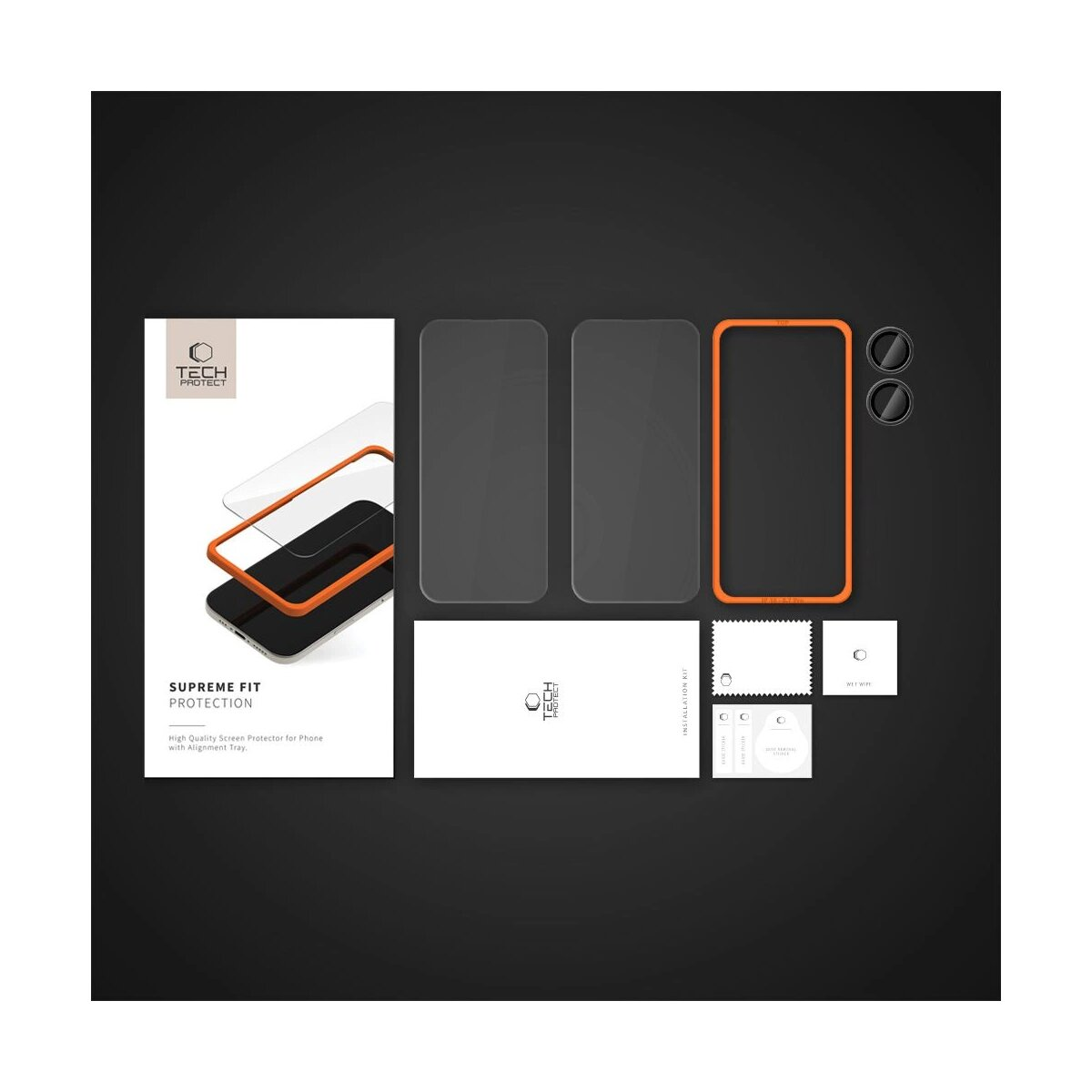 Kit proteggi schermo Tech-Protect con accessori e un mockup del telefono su sfondo scuro.