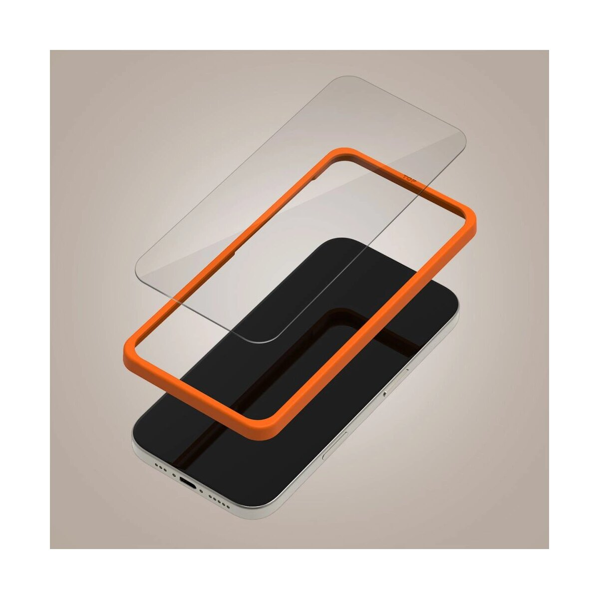 Uno smartphone con protezione schermo e cornice arancione, fluttuante a mezz'aria.