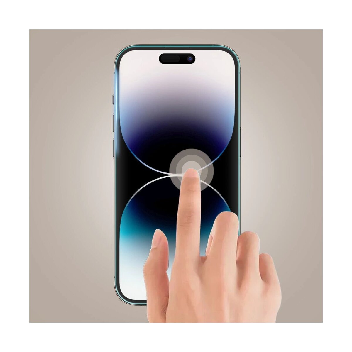 Un dito tocca lo schermo di uno smartphone, con un display curvo. Lo sfondo è una sfumatura.