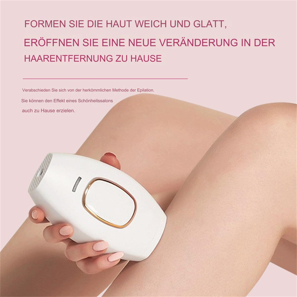 Bein einer Frau mit Epilierer, weißes Gerät. Text auf Deutsch zur Haarentfernung.