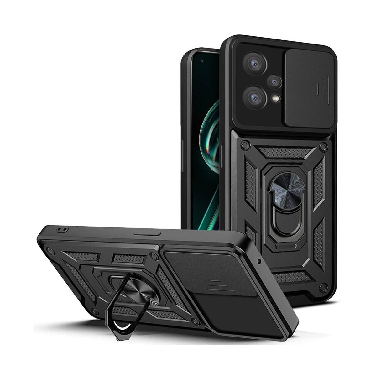 Custodia per telefono nera con copertura fotocamera e anello di supporto.