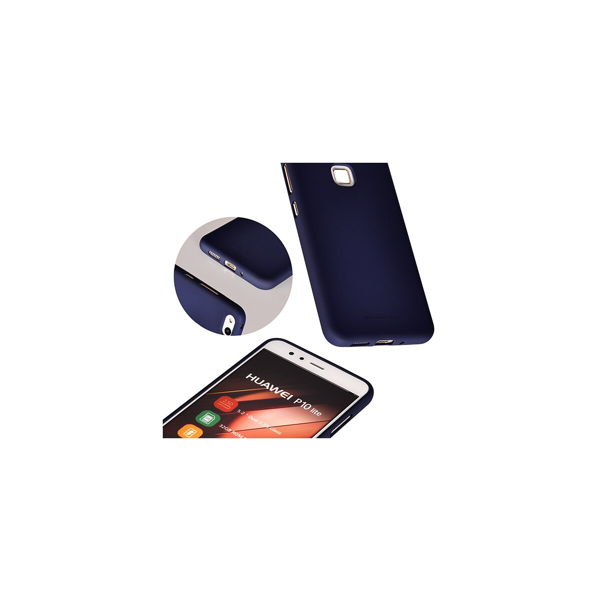 Una custodia per telefono blu navy accanto a un telefono, con un primo piano della custodia.