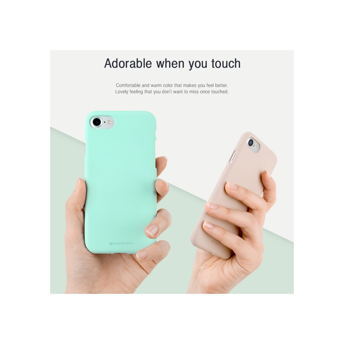 Due mani che tengono custodie per telefoni cellulari in verde e beige. Sono davanti a uno sfondo verde chiaro.