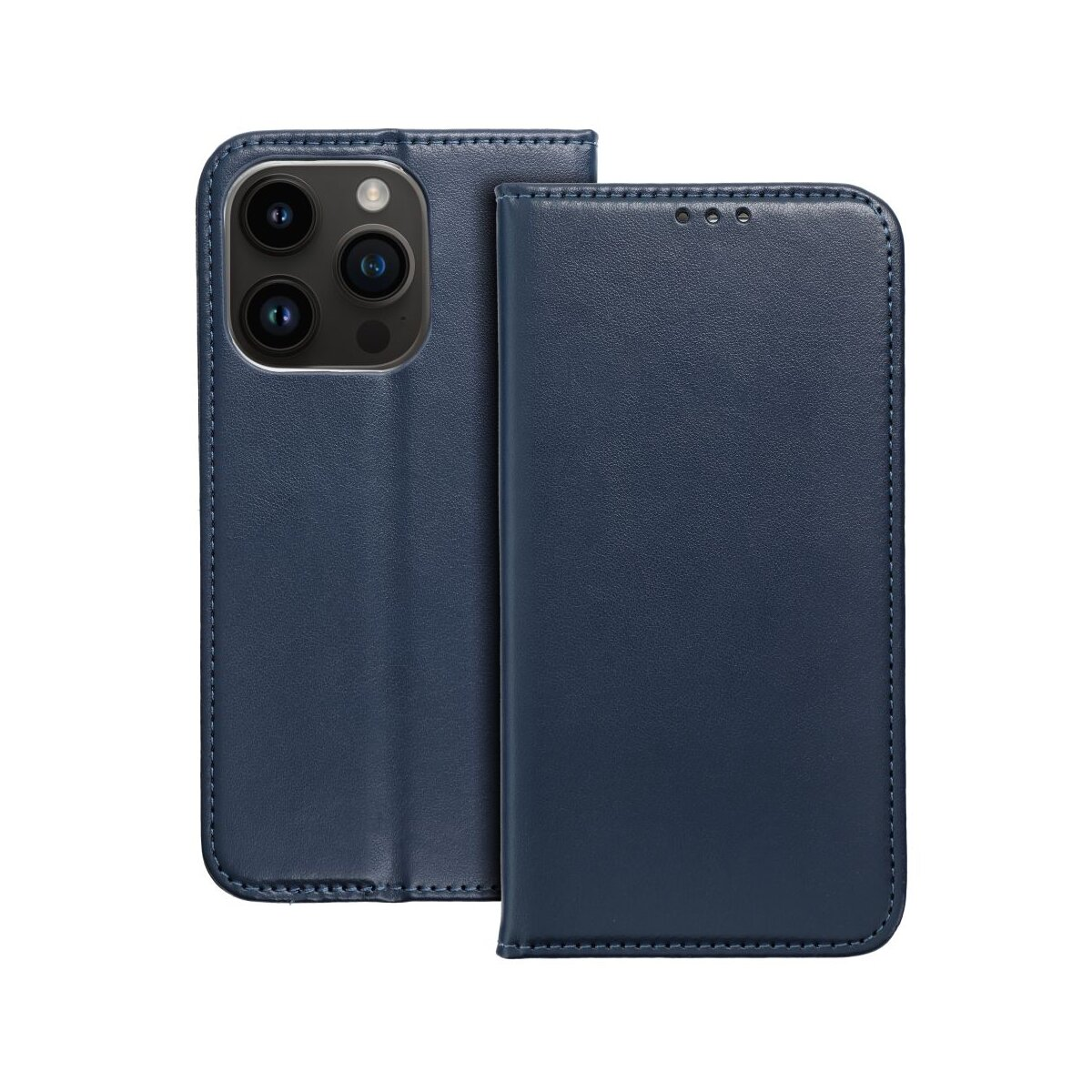 Custodia per iPhone in pelle blu scuro con patta, che mostra l'intaglio della fotocamera.