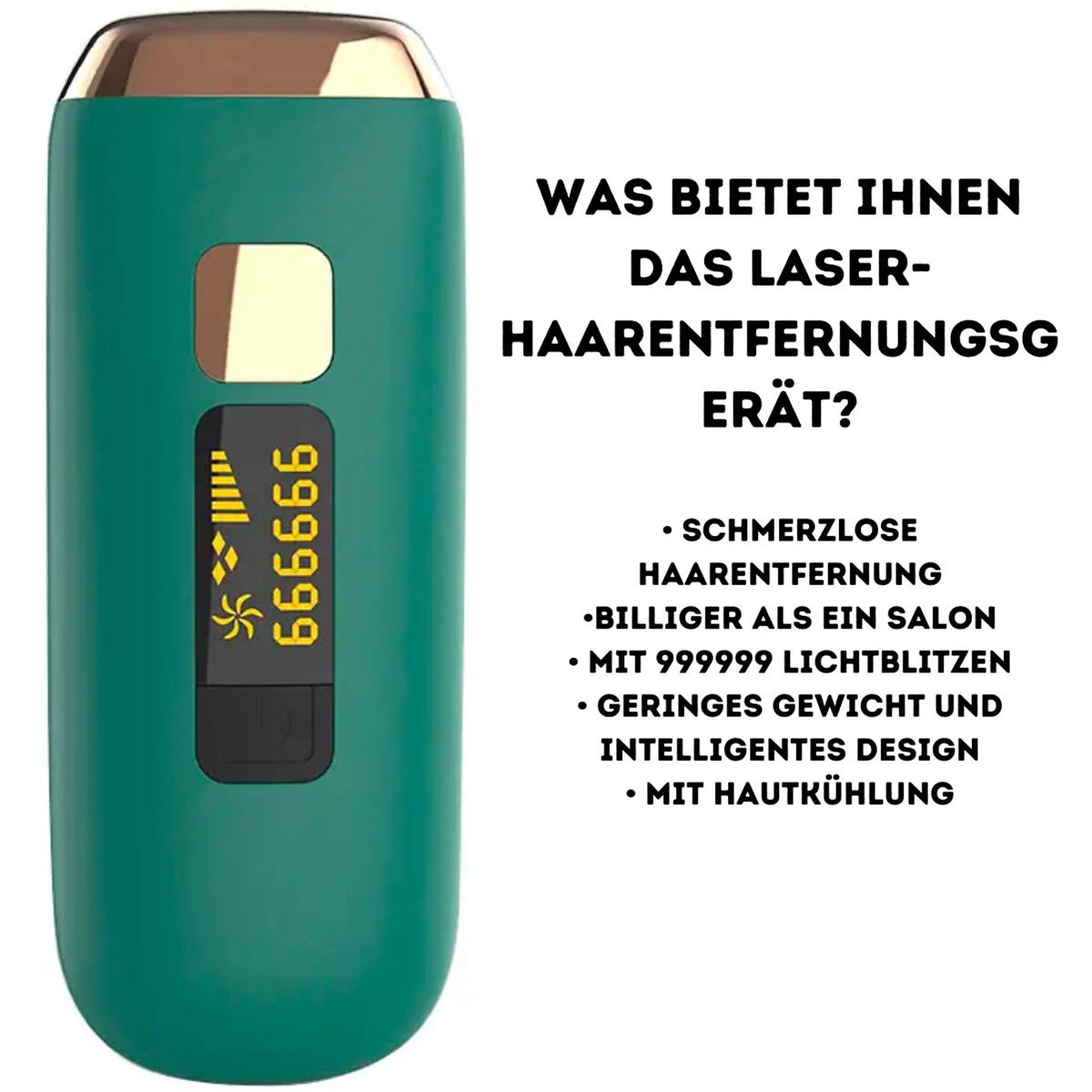 Grünes Laser-Haarentfernungsgerät mit Text, der Vorteile auflistet.