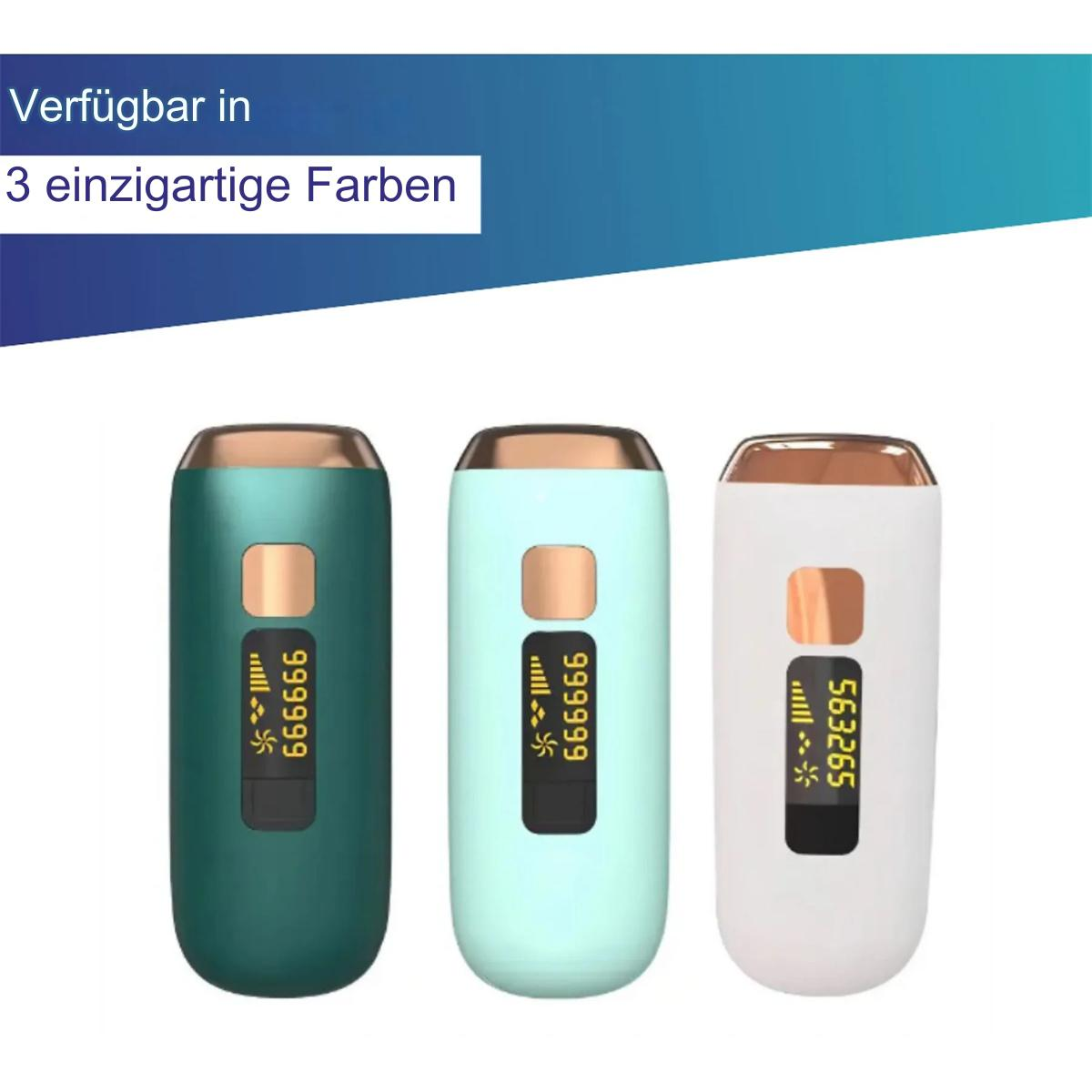 Drei Haarentfernungsgeräte in Grün, Blau und Weiß, mit Digitalanzeigen, vor blauem Hintergrund.