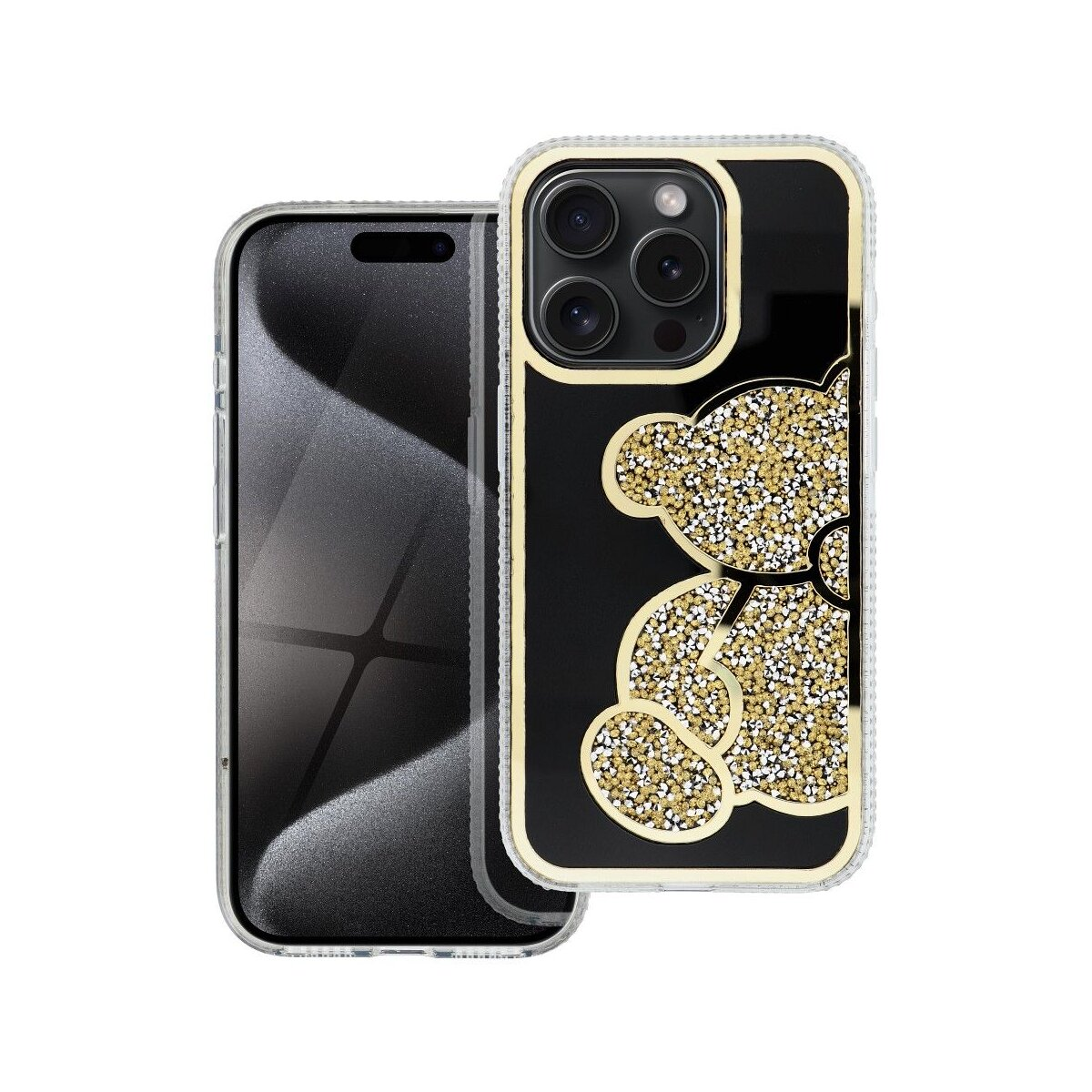 Un telefono in una custodia nera con un design di orso dorato e un proteggi schermo trasparente.
